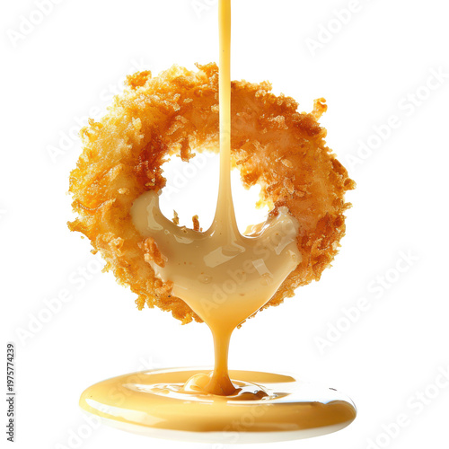 Crispy Onion Ring Dripping with Sweet Honey Sauce on a White Plate on transparent background