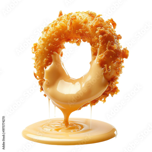 Crispy Fried Onion Ring Dripping with Cheddar Cheese Sauce in a Deliciously Indulgent Display on transparent background