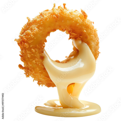 Crispy Fried Onion Ring with Melting Cheese Sauce on a White Background on transparent background