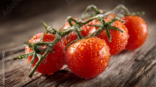 Fresh and Juicy Cherry Tomatoes with Water Droplets on Wooden Table in Natural Light for Healthy Eating and Culinary Delights