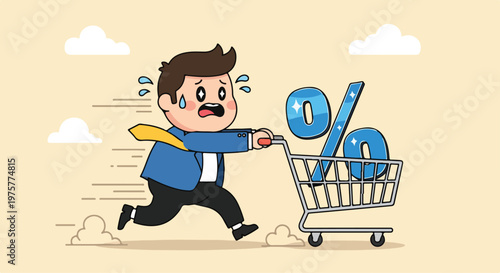 Concerned man in business suit running after a shopping cart with a large percentage symbol indicating discount or sale