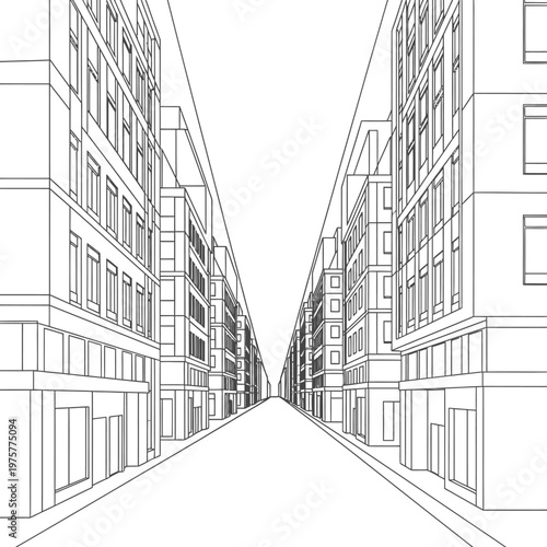 Perspective street view with buildings, drawing, urban, architectural lines