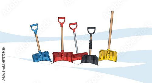 Five colorful snow shovels of different designs are stuck into a deep, pristine snowbank against a bright white background in a winter-themed illustration.