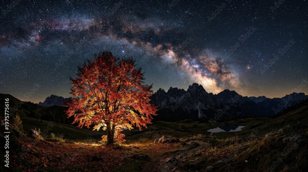 Fototapeta premium An illuminated autumn tree under a star-filled night sky, Milky Way streak rising above dark mountain silhouettes, tranquil celestial landscape and crisp seasonal contrast, ultra-realistic, no logos.