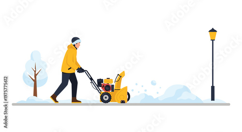 A person in a yellow jacket uses a yellow snowblower to clear a sidewalk near a tree and a street lamp in a bright, winter-themed outdoor environment.
