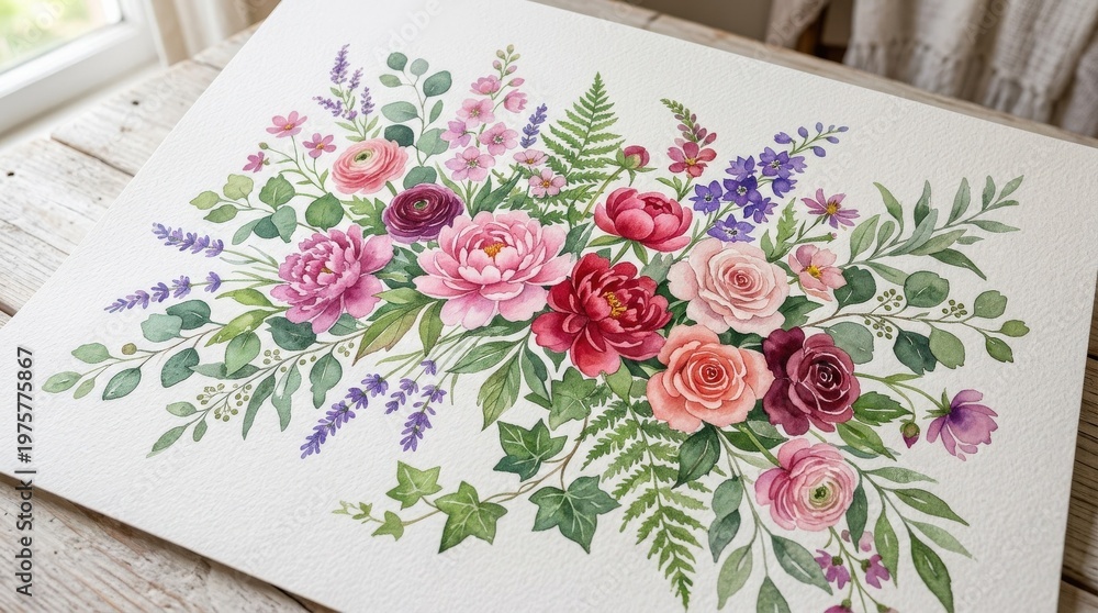 Obraz premium Watercolor floral illustrations with flowers and leaves in pink, purple, red and green, hand-painted botanical richness and delicate tonal variation, soft wedding-inspired mood, ultra-realistic, no