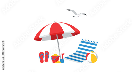 A bright red and white striped beach umbrella shades a blue striped towel, colorful beach ball, plastic bucket, shovel, and flip-flops on sandy terrain.
