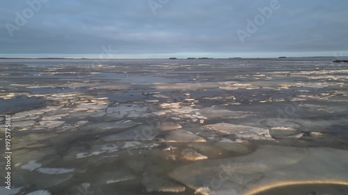Aerial view of melting sea ice in early springtime, Oulu Finland