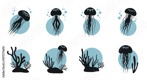 Abstract Jellyfish and Coral Silhouettes with Blue Circles