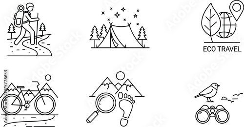 Eco travel line icons set, outdoor camping and hiking adventure symbols, nature exploration and sustainable tourism vector elements