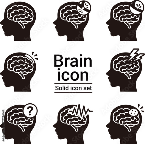 Brain disease solid icon set stroke dementia epilepsy medical icons