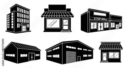 Diverse Commercial and Industrial Buildings Silhouettes Vector Icons Collection
