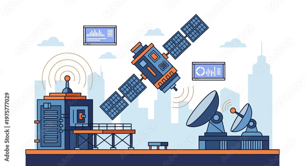 Fototapeta premium Satellite Communication and Global Data Link Vector Illustration