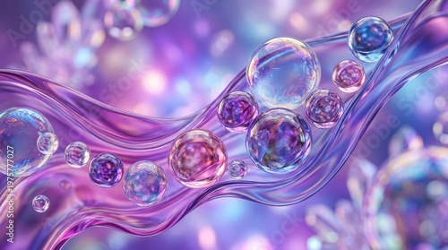 Abstract fluid shapes with transparent gradient textures, colorful glass-like spheres and soap-bubble effects in purple, pink, and blue tones, dreamy crystal atmosphere, photorealistic,no logos