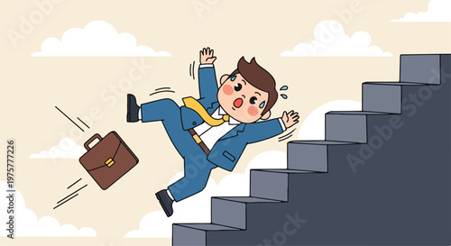 Animated businessman in a blue suit falling down stairs with a briefcase in a humorous office scenario
