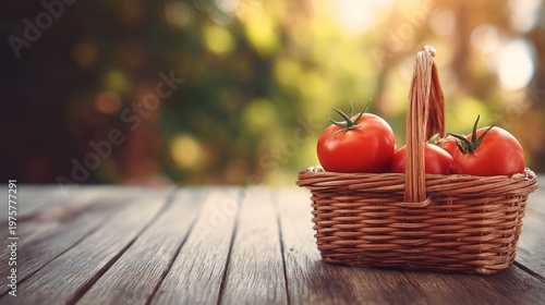 Fresh Red Tomatoes in a Woven Basket on a Wooden Table Surrounded by a Beautiful Natural Background with Soft Lighting