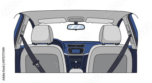Modern vehicle interior displays comfortable grey upholstered front seats with black safety belts positioned against a sleek blue dashboard and clear glass.