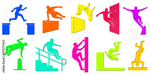 Set of colorful parkour and freerunning athlete silhouettes. Urban extreme sports stunts, jumping and climbing sticker collection.