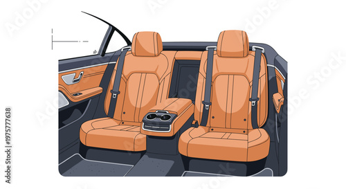 Luxurious tan leather rear passenger seats feature a central console with cup holders inside a dark vehicle cabin with refined stitching and premium finish.