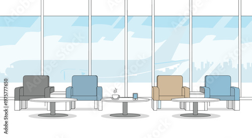 Modern office chairs and small tables are arranged in a bright waiting area with large windows overlooking a blurred airport runway in a neutral setting.