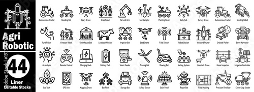 Agri robotic line icon set agriculture and farming smart technology for automated farm.
