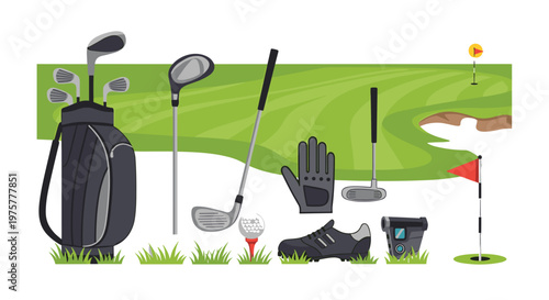Comprehensive set of professional golf equipment including a black bag, various clubs, a glove, a shoe, and a ball on a tee rests on a lush green fairway.