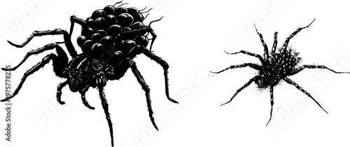 A detailed wolf spider carrying babies in a stark black silhouette, rendered in flat vector style with crisp high contrast edges, isolated on a pure white background for minimalist stencil design