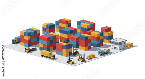 Isometric shipping container yard featuring stacked freight boxes and heavy machinery operating within a pristine industrial logistics facility environment.