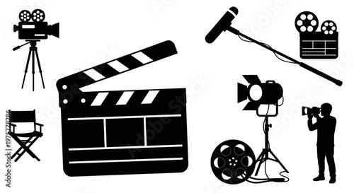 Filmmaking equipment silhouettes set. Movie production tools and cinema industry symbols.