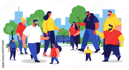 Diverse people walking in a city park