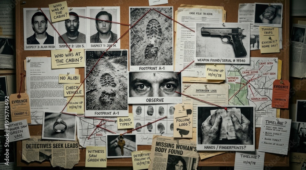 Fototapeta premium True crime retro collage elements with photocopy stipple texture, detective board motifs, footprints, suspect notes, evidence, pistol, hands and eyes, dark investigative mood, ultra-realistic, no