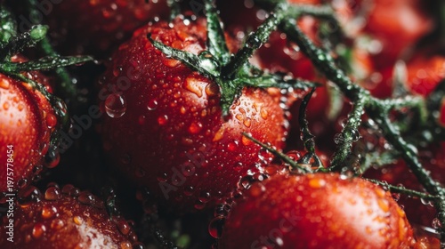 Fresh red tomatoes with water droplets close up, showcasing vibrant color and texture on a green vine in a natural setting