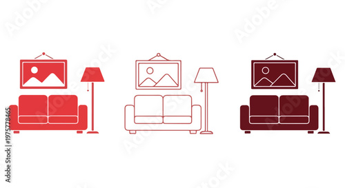 Set of three modern living room sofa furniture pieces with matching floor lamps in different colors for home decor