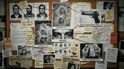 True crime retro collage elements with photocopy stipple texture, detective board motifs, footprints, suspect notes, evidence, pistol, hands and eyes, dark investigative mood, ultra-realistic, no