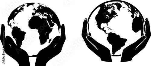 A minimalist vector illustration shows a bold, solid black Earth globe held gently by two caring hands against a pure white background