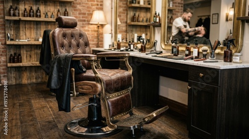 Barbershop armchair. Modern hairdresser and hair salon, barber shop for men, barber, barbershop, shop, chair, photorealistic beauty and wellness scene, clean luxury studio lighting, salon, vintage,