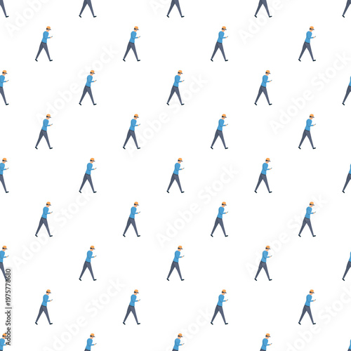 Cartoon man in a hat walking while interacting with a smartphone creating a seamless pattern