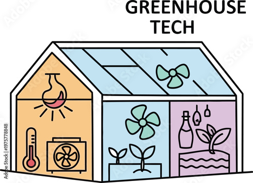 Greenhouse tech vector illustration, smart agriculture glasshouse with climate control systems, sustainable farming technology and plant growth equipment