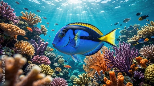 A majestic blue tang reef fish with vibrant yellow markings and elegant fins, bright tropical underwater atmosphere, ultra-realistic, no logos.