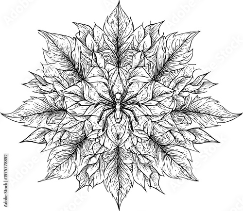 A beautifully intricate spider web pattern features a central spider surrounded by elegant floral leaves in black ink on a white background, rendered in a monochrome coloring book style with clear