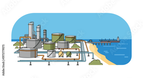 Massive industrial oil storage tanks connected by intricate metallic piping systems stand on a serene sandy coastline near a large cargo ship at deep sea.
