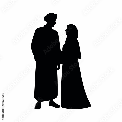 Arabic Couple Standing Romantic Pose Silhouette, Muslim Love Vector Illustration
