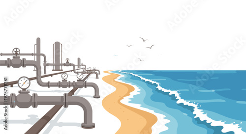 Detailed industrial pressure gauges and metallic valves on a pipeline system run along a sandy beach with seagulls flying over the blue ocean in summer.