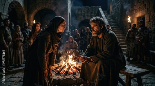 Apostle Peter by the fire, concerned eyes turned toward a questioning woman, embers glowing against the night, anxious faces and tense shadows from the denial of Christ, ultra-realistic, no logos.