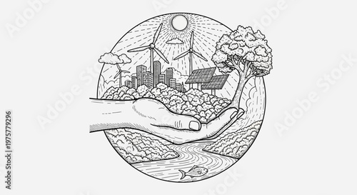 Eco friendly earth in hand with nature and buildings