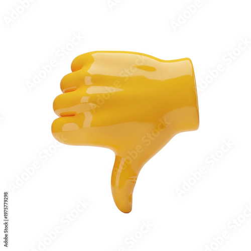 highly detailed pure yellow glossy 3d rendered hand making a definitive thumbs-down gesture, isolated against a transparent background with sharp studio lighting. concept of digital rejection