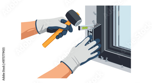 Close-up of hands wearing protective gloves using a spirit level and rubber mallet to install a window frame component with high precision and accuracy.