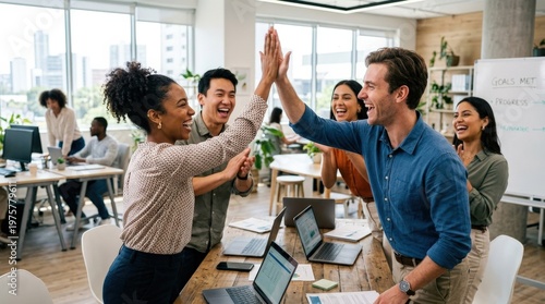 Teammates celebrating progress with a shared high-five, bright office background, spontaneous motion, joyful expressions, crisp daylight, uplifting team-success atmosphere, ultra-realistic, no logos.