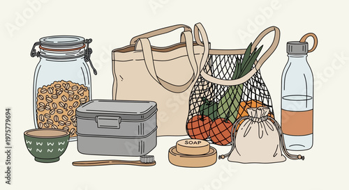 Eco friendly reusable shopping bag with food and water bottle