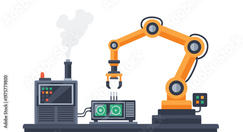 Automated industrial robotic arm performs precise assembly tasks on electronic components within a clean factory setting under soft ambient studio lighting.